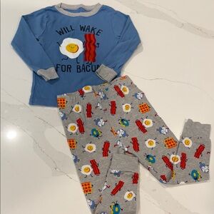 Blue and Gray Kids Pajamas with Fun Breakfast Print Bacon and Eggs